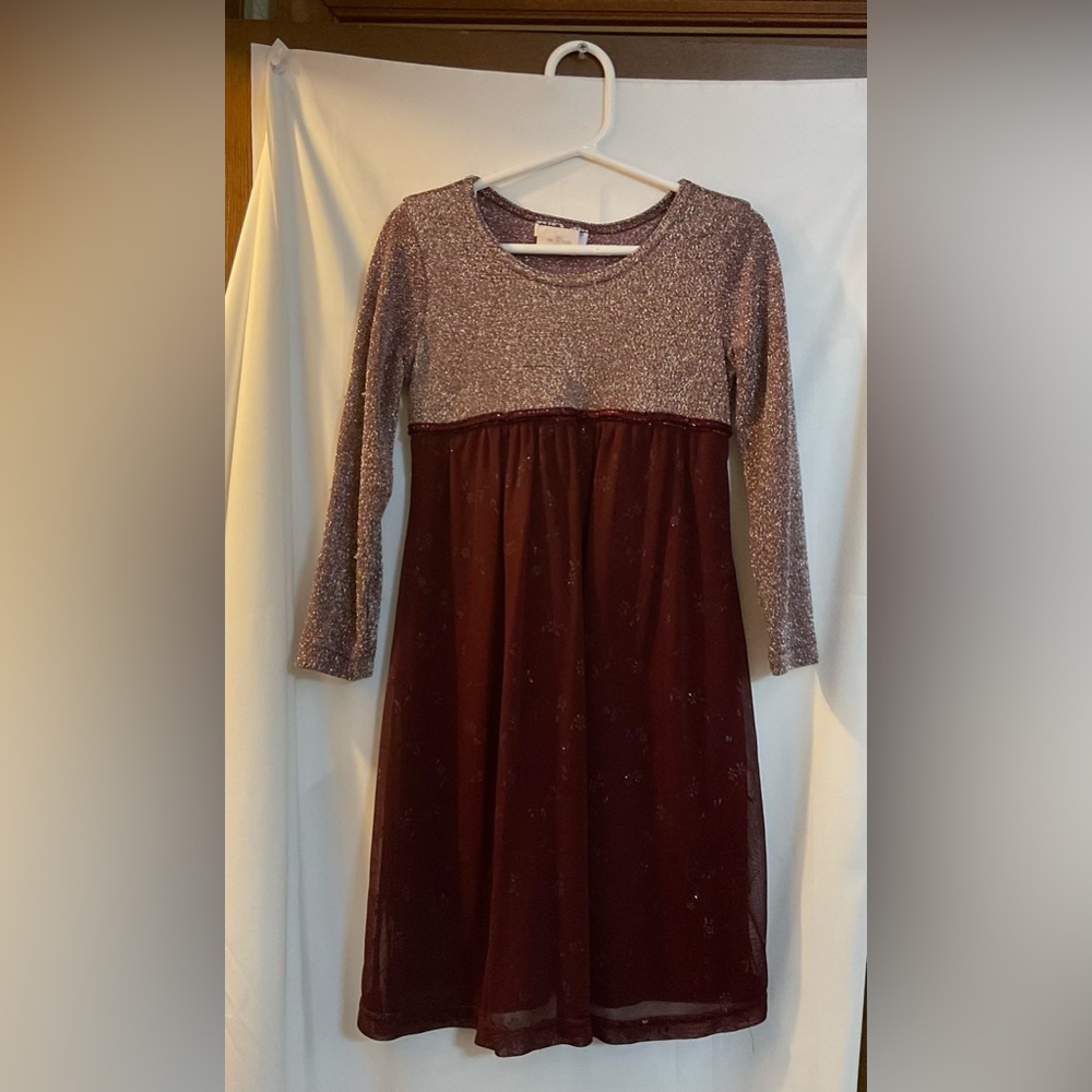Girl Code: Burgundy/maroon color kids glitter/sparkly long sleeves formal dress.